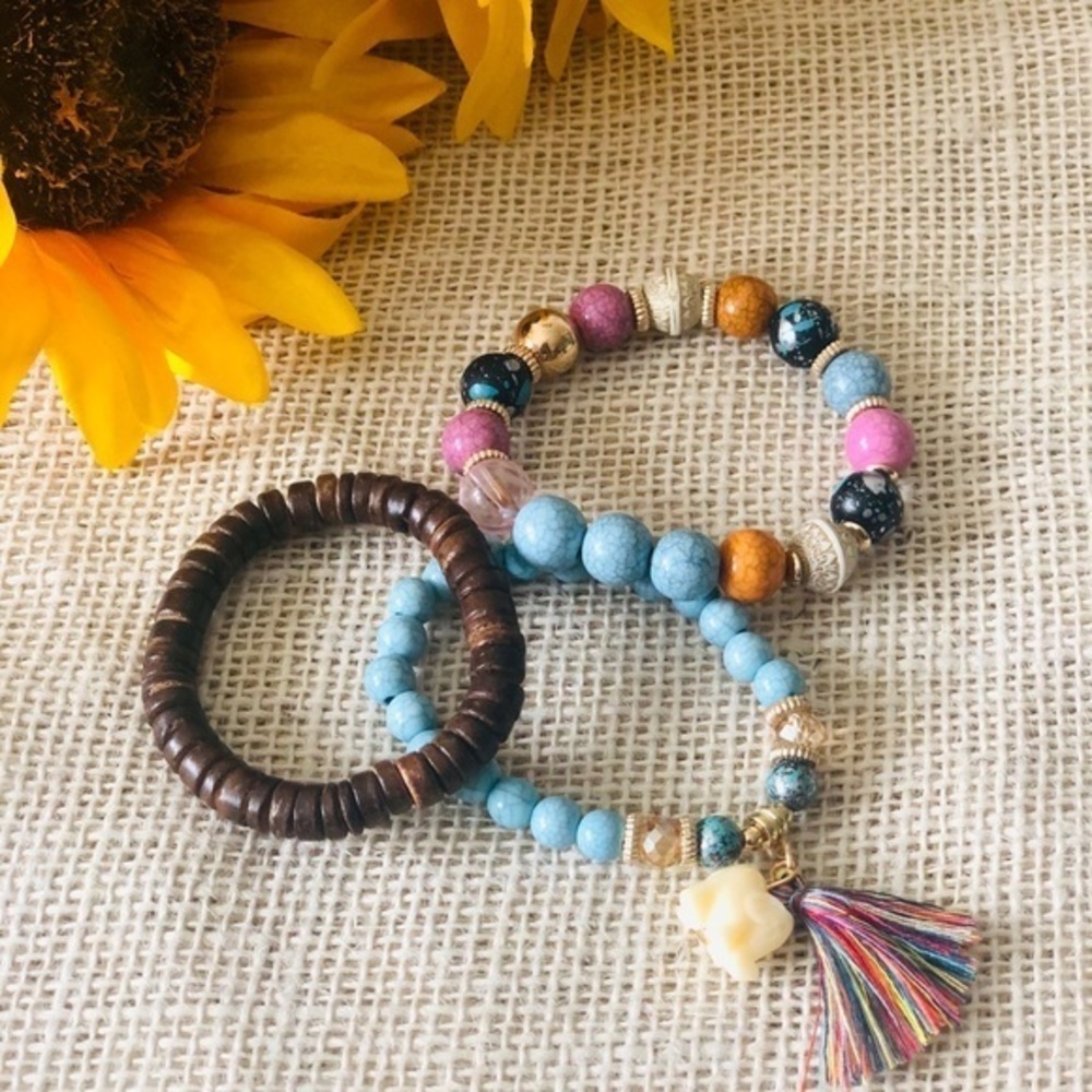 3/$30 Bohemian Fringe Tassel Beaded Elephant Charm Bracelet Set 8” Inch -0069